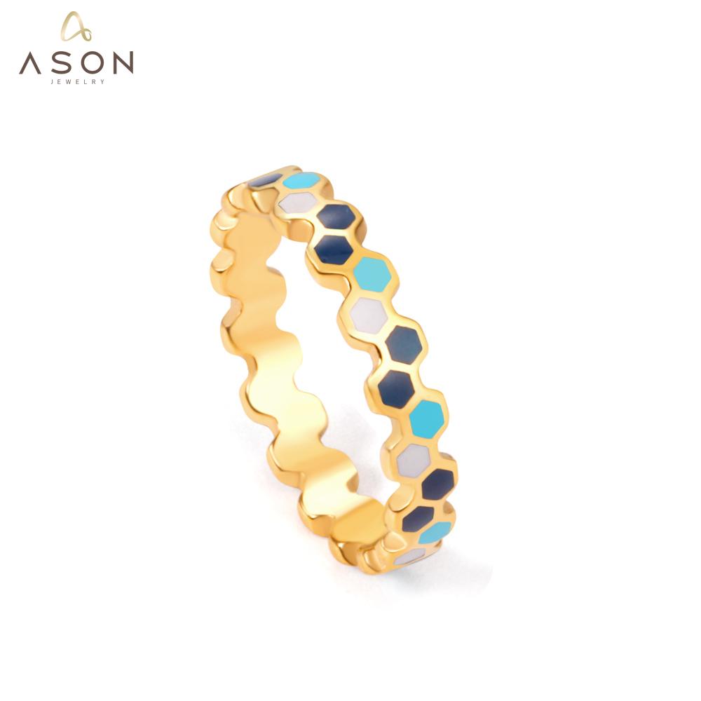 ASON Trendy Mixed Color Geometric Finger Ring Gold Color Stainless Steel for Women Men Party Gift Wedding Jewelry Accessory asonjewelry